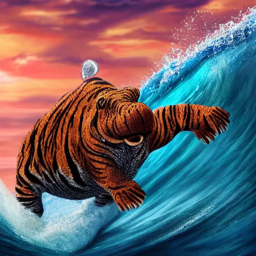 Prompt: a closeup photorealistic photograph of a smiling knitted tiger hippopotamus riding a large wave during sunset. surf in the background. professional capture. brightly lit scene. this 4 k hd image is trending on artstation, featured on behance, well - rendered, extra crisp, features intricate detail, epic composition and the style of unreal engine.