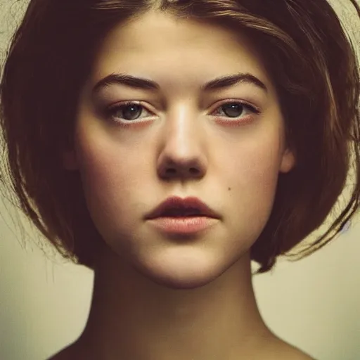 Prompt: a masterpiece portrait photo of a beautiful young woman who looks like an angelic mary elizabeth winstead, symmetrical face