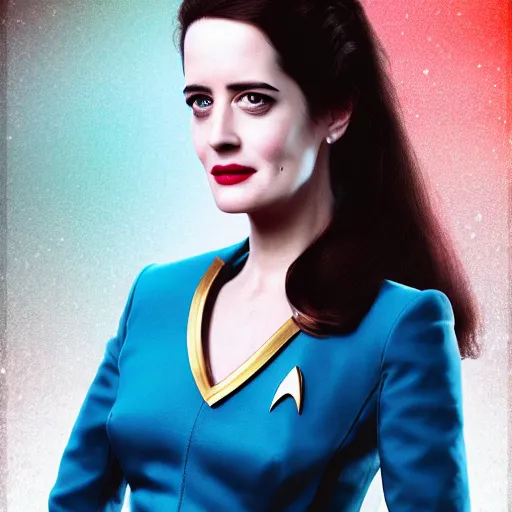 Prompt: a full body portrait of 3 0 year old eva green as a star fleet officer from star trek next generation, ultra rendered, extreme realism and detail, 8 k, highly detailed, realistic, completely framed, hyper realistic, colorful, direct lighting, 3 5 mm photo, photorealistic, sharp focus