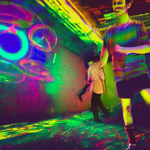 Image similar to a man dancing the night away, berlin techno club, lsd trip, portrait, 4 k photograph, 8 k photograph, professional photography, trippy art