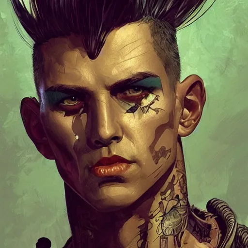 Image similar to character portrait of a retro punk man in a mohawk, shaved sides of head, dystopian cyberpunk steampunk soviet mood, intricate, wild, highly detailed, digital painting, artstation, upper body, concept art, smooth, sharp focus, illustration, art by artgerm and greg rutkowski and alphonse mucha