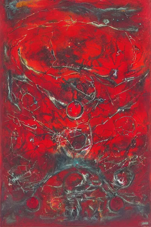 Image similar to a red crimson biomechanical talisman of eternal knowledge, aurora borealis, eclipse by maggi mcdonald, jackson pollock, mark rothko, sabina klein