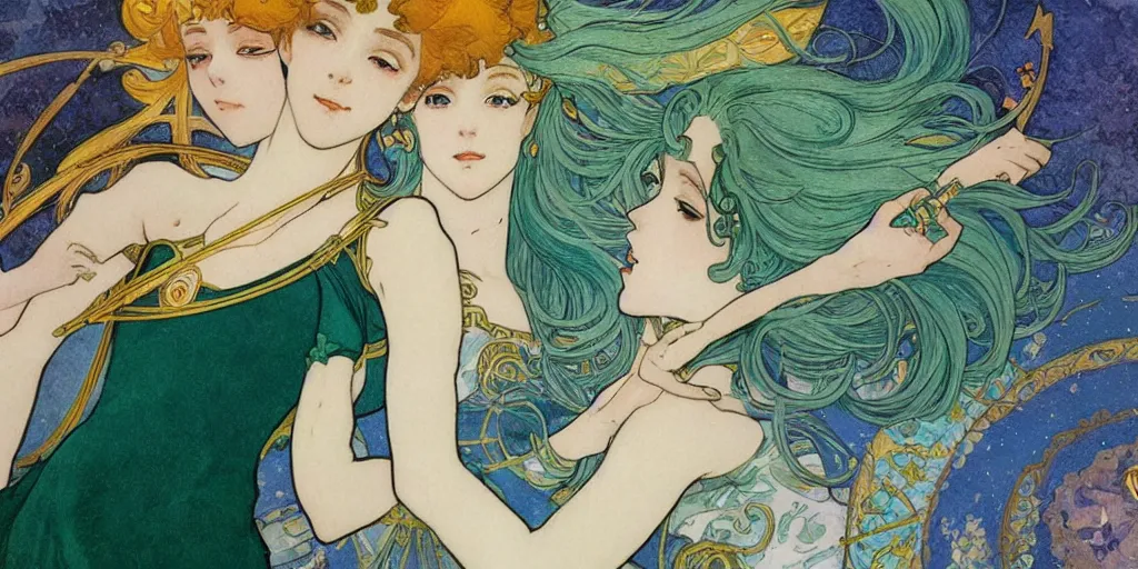 Image similar to a fresco of sailor neptune and sailor uranus dancing. beautiful, realistic painting by mucha and kuvshinov and bilibin. watercolor, thick lining, manga