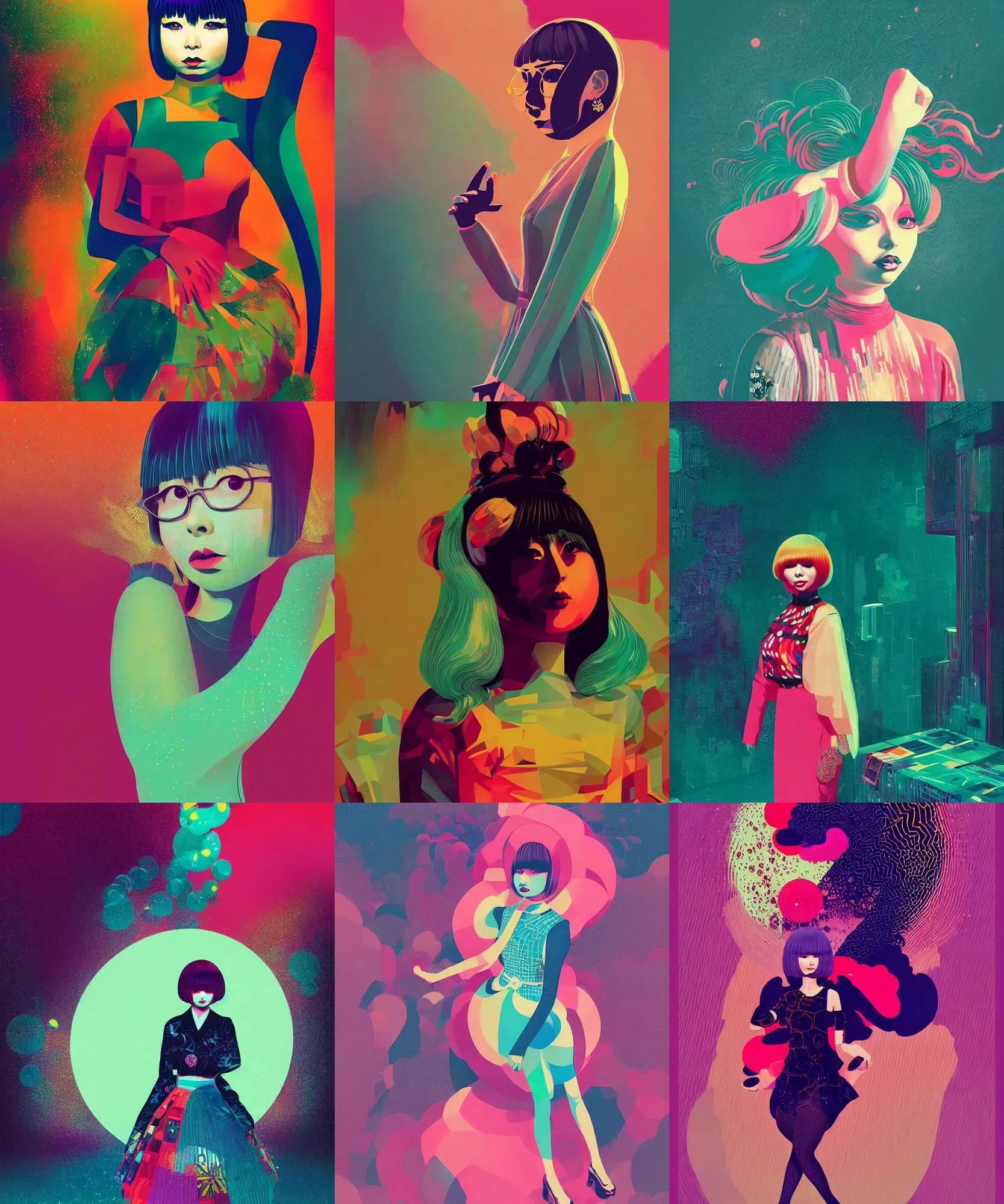 Prompt: ( ( dither ) ), editorial illustration full body portrait of ( ( kyary pamyu pamyu ) ) posing, dynamic pose, modern art deco, colorful, ( ( mads berg ) ), christopher balaskas, victo ngai, rich grainy texture, detailed, dynamic composition, wide angle, matte print