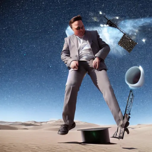 Prompt: elon musk clipping his toenails in the desert, fighting a satellite, creepy, 50mm