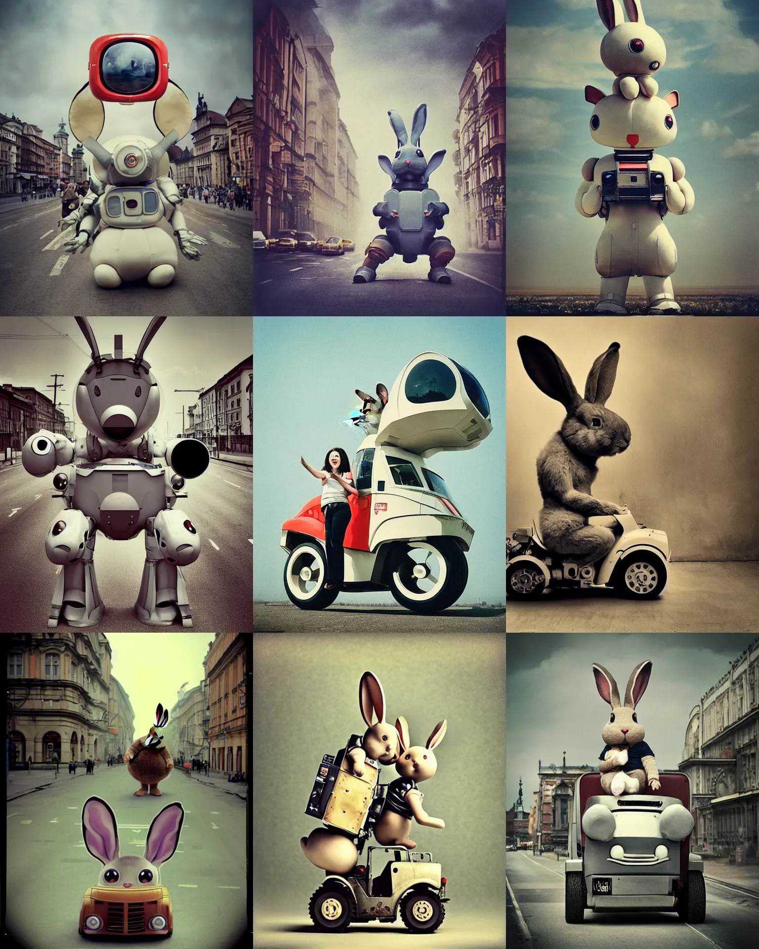 Prompt: epic pose!!! googly eyed giant oversized battle rabbit robot chubby mech baby sport car double decker with giant oversized ears and rabbit babies , on nuclear explosion in krakow , full body , Cinematic focus, Polaroid photo, vintage , neutral dull colors, soft lights, foggy , by oleg oprisco , by national archives, by discovery channel, by victor enrich , by gregory crewdson