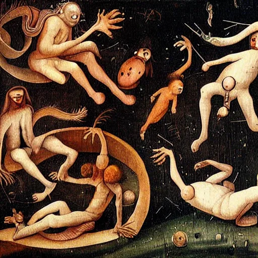 Image similar to beautiful painting of eldricht zooplancton monsters orbiting around the psyche of a sleeping man in the style of Hyeronimus Bosch