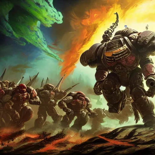 Prompt: space marines fighting off a horde of tyranids, 4k digital art, Doom, hyper realistic, HD, Warhammer40k
