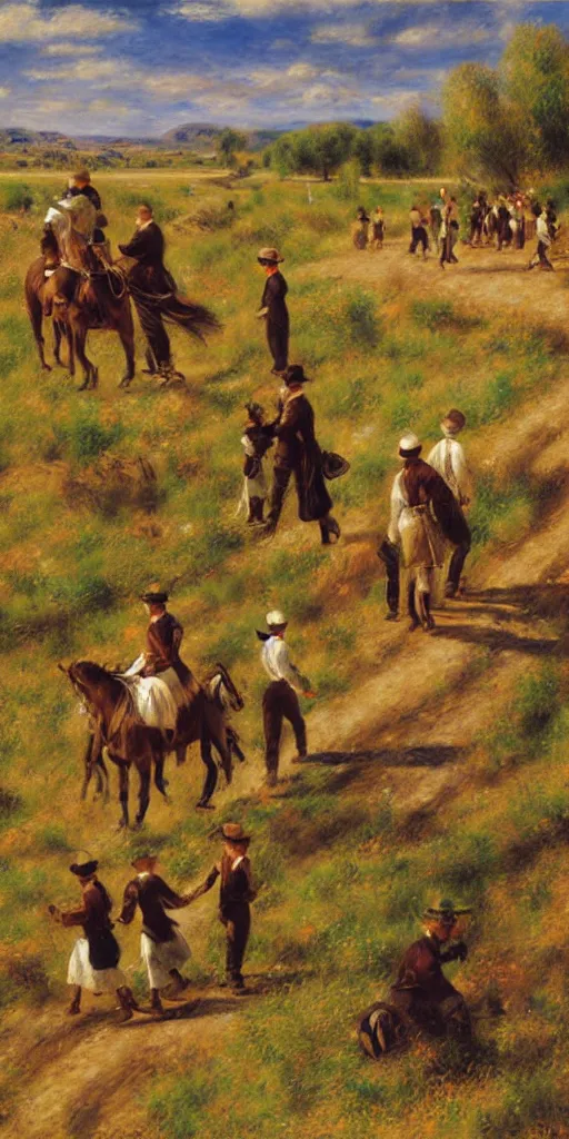 Image similar to oil painting of mormon pioneers crossing the plains, painting by renoir and yong sung kim, masterpiece, stylized