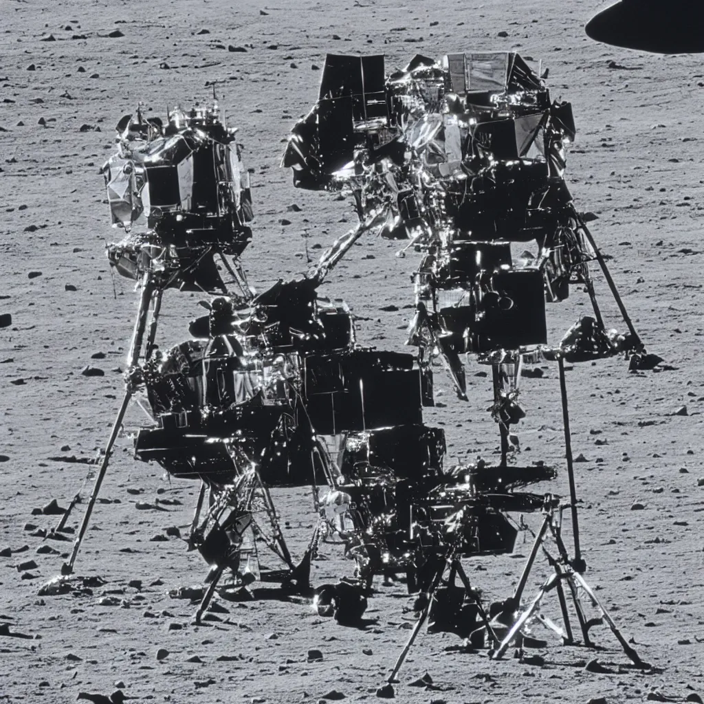 Prompt: a 1960s photo of Stanley Kubrick on a movie set of the moon surface next to the eagle lander, 8K HD, old photo, highly detailed
