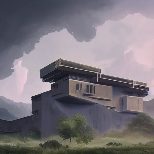 Prompt: rectangular house inspired by a tibetan palace between big trees, yellow clouds, dramatic lighting, artstation, matte painting, raphael lacoste, simon stalenhag, frank lloyd wright, zaha hadid