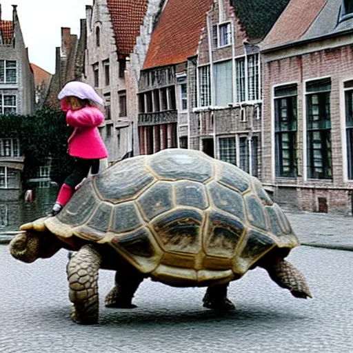 Prompt: A still of a little girl riding on top of a giant tortoise through the streets of Bruges, from the Miyazaki anime movie