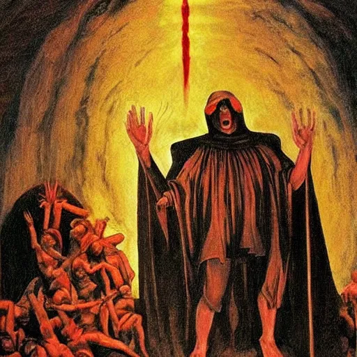 Prompt: dante's inferno painting, with people in black hooded tunic like in the film eyes wide shut of stanley kubrick