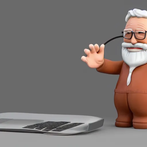 Prompt: cute clay cartoon, 3d model, trending, art render, happy smiling grey beard wizard that is zapping a laptop with electricity from his hands