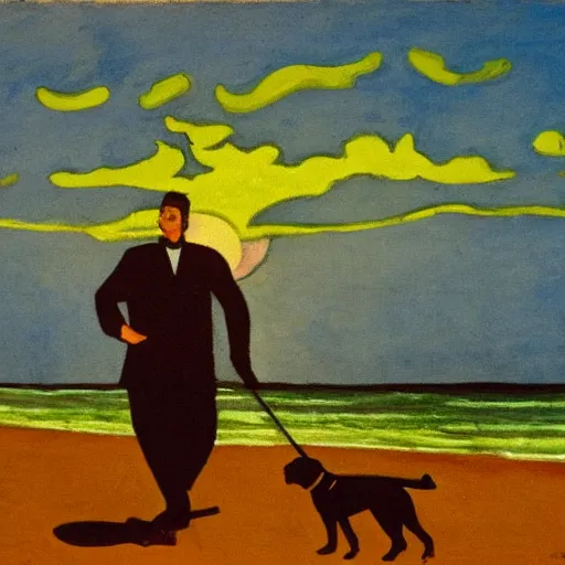 Prompt: fauvist painting of a man walking with a metal detector and a dog on a danish beach at sunset,