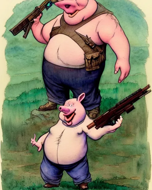 Image similar to a realistic and atmospheric watercolour fantasy character concept art portrait of a fat adorable dirty chibi porky pig wearing a wife beater and holding a rifle, by rebecca guay, michael kaluta, charles vess and jean moebius giraud