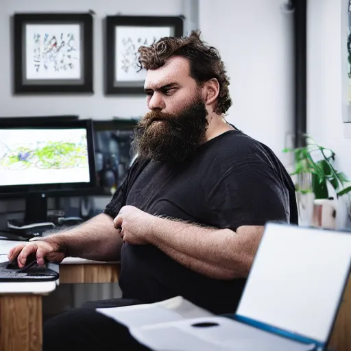 Image similar to a depressed large bearded man, hunched over at a computer, head in his hands, surrounded by little rain clouds. Photorealistic, messy room, dark