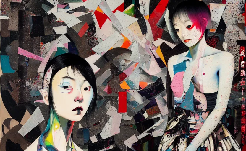 Image similar to decollage painting young japanese actress struggling in a ruined city by adrian ghenie and takato yamamoto and edward hopper and mark ryden and tsutomu nihei, part by bridget riley, acrylic pour and splashing paint, very coherent, baroque elements, perfect anatomy, intricate design. pop art.