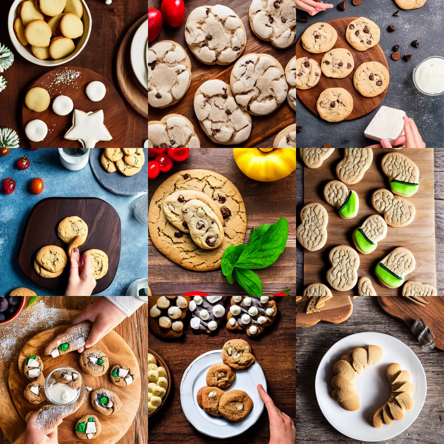 Prompt: hand shaped cookie filled with greek salad, on wooden table, food photography 4 k