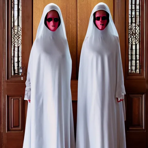 Prompt: terrifying photo,two Hovering twin nuns, wearing pointed hoods, buxom chested, blindfolded, wearing translucent veils, see through dress, Very long arms, bedroom, wood door, eerie, frightening, highly detailed, photorealistic, colorized —width 1024 —height 1024