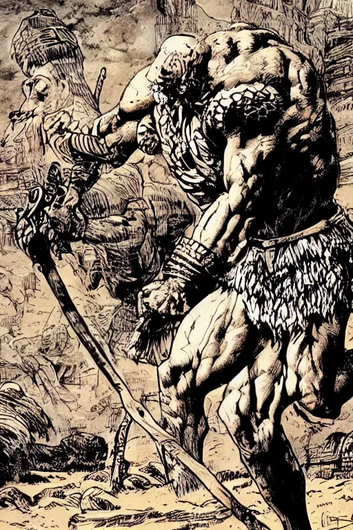 Image similar to ancient historically accurate depiction of the Bible Character Goliath of Gath, the Philistine warrior giant by frank miller