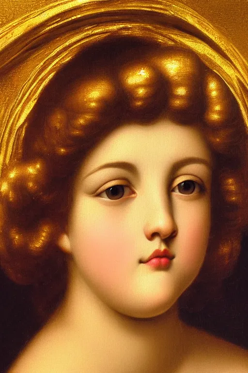 Image similar to Beautiful girl, calm face, closeup, ultra detailed, made in gold, Guido Reni style