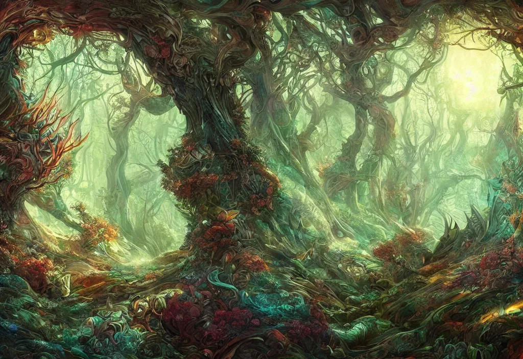 Prompt: mythical fantasy forest, artwork by android jones and loish, smooth lighting, wallpaper