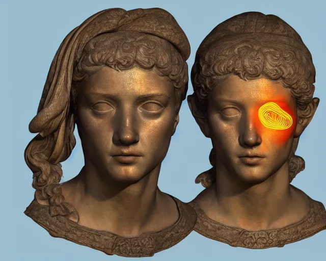 Image similar to 3 d render of a renaissance sculpture head, with neon art, hyper detailed