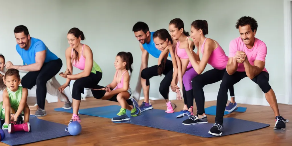 Image similar to a husband and wife exercising with four kids studying, award winning photo,