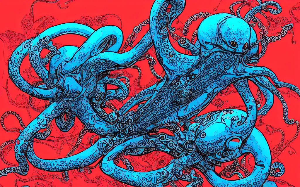 Prompt: biomechanical flying octopus, in the style of james jean and laurie greasley, dynamic composition, dramatic lighting, ultra detailed, nitro colors