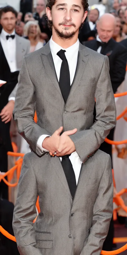 Image similar to 'young Shia LaBeouf wearing a frosty orange cross-cross weaved bamboo royal tuxedo'