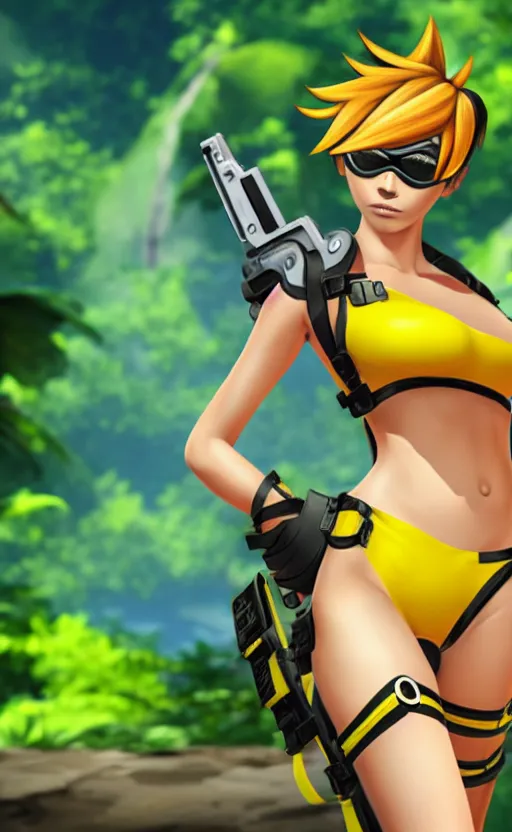 Image similar to tracer game character, in yellow bikini, blonde hair, black eyes, hands free, against the background of the jungle full height