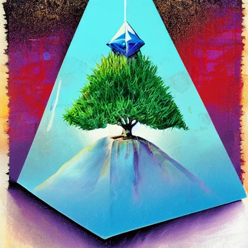 Prompt: otherworldly vivid futuristic pool pyramid penguin sack cedar tree teak tree, by tom thomson and ghibli studios and andy warhol, mixed media, speedpainting, an art deco