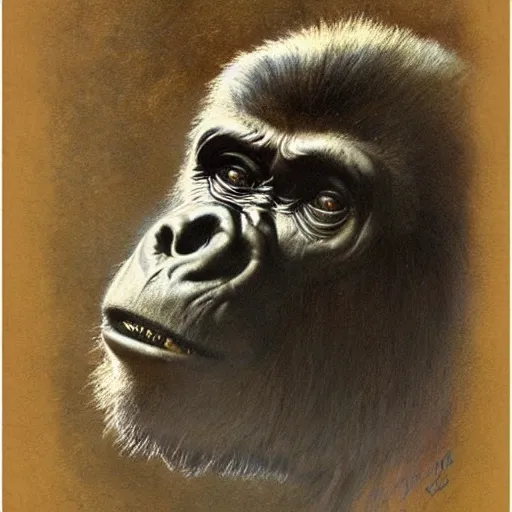 Image similar to highley detailed potrait of a gorilla, painting by gaston bussiere, craig mullins, j. c. leyendecker, lights, art by ernst haeckel, john william godward, hammershøi,