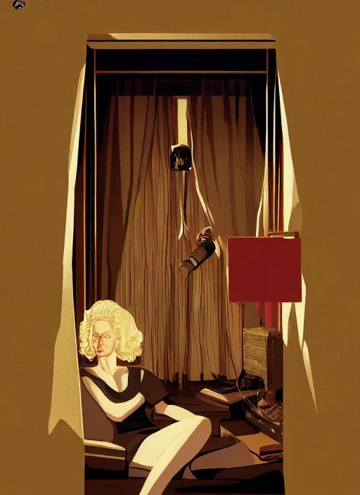 Image similar to Twin Peaks poster artwork by Michael Whelan, Bob Larkin and Tomer Hanuka, Karol Bak of portrait of radio host Tilda Swinton lounging in her radio sound booth, alone, late at night, from scene from Twin Peaks, simple illustration, domestic, nostalgic, from scene from Twin Peaks, clean, cover of New Yorker magazine