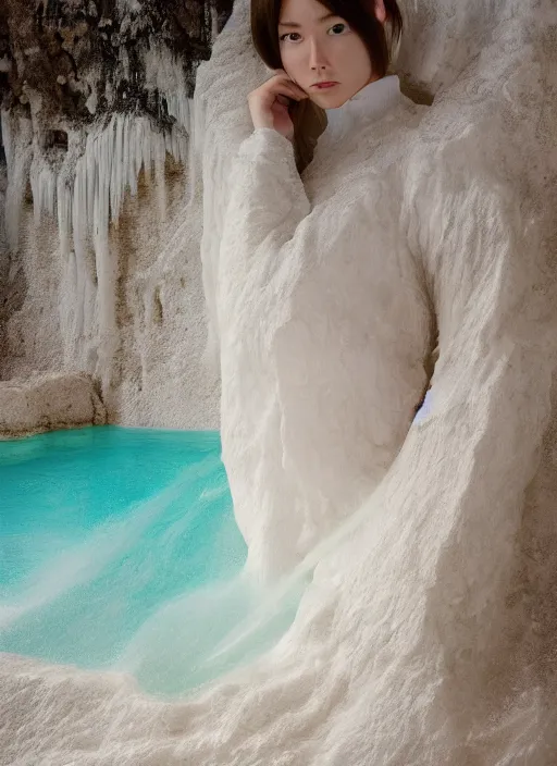 Prompt: Kodak Portra 400, 8K, soft light, volumetric lighting, highly detailed, Kasumi Arimura style 3/4 ,portrait photo of Japanese Goddess, the face emerges from Pamukkale, thermal waters flowing down white travertine terraces, inspired by Ophelia paint , a beautiful luxurious celestial suit and hair are intricate with highly detailed realistic beautiful flowers , Realistic, Refined, Highly Detailed, ethereal outdoor pastel lighting colors scheme, outdoor fine art photography, Hyper realistic, photo realistic