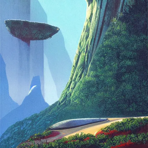 Image similar to beautiful illustration of a lush natural scene on an alien planet by vincent di fate. science fiction. extremely detailed. beautiful landscape. weird vegetation. cliffs and water.