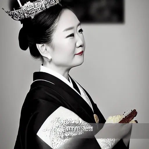 Image similar to A close up shot, colored black and white Russian and Japanese mix historical fantasy a photograph portrait taken at the empress and emperor's royal wedding breakfast, a collection of food and drinks was served, mixing traditional Japanese choices with some Russian influences, professional corporate portrait, warm lighting, 1907 photo from the official wedding photographer for the royal wedding.