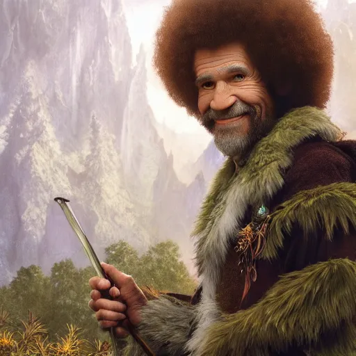 Image similar to an ultra detailed matte painting of bob ross dressed as a wandering elf druid, silver hawk animal companion, d & d, fantasy concept art by alphonse mucha and greg rutkowski, octane render, 8 k, detailed face