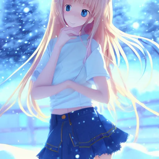 Image similar to a very beautiful anime girl, full body, long golden hair, sky blue eyes, full round face, short smile, mini jeans skirt, cute top, winter setting, cinematic lighting, medium shot, mid-shot, highly detailed, trending on Artstation, Unreal Engine 4k, cinematic wallpaper by Stanley Artgerm Lau, WLOP, Rossdraws, James Jean, Andrei Riabovitchev, Marc Simonetti, and Sakimichan