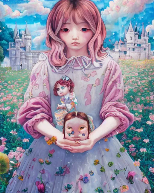 Image similar to a painting of a girl with a castle in her hands, poster art by Hikari Shimoda, featured on pixiv, pop surrealism, whimsical, rococo, maximalist