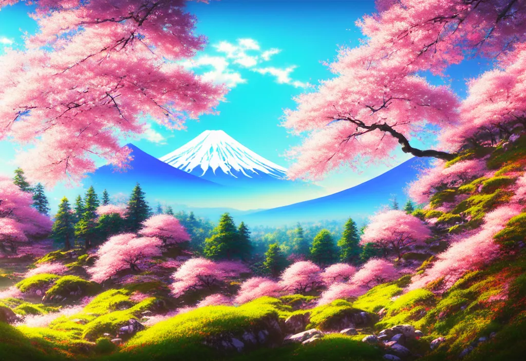 Image similar to a real photographic landscape painting with incomparable reality, wide angle, in forest, flowers, cherry blossom tree in full bloom, bright style, mount fuji, clearing, magnificent, artstation, art by makoto shinkai