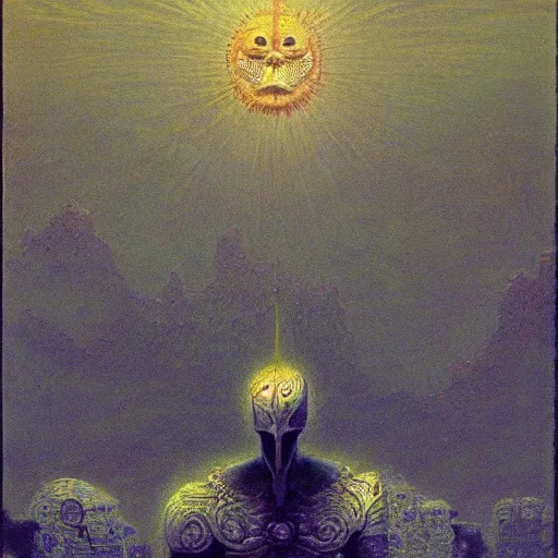 Image similar to god of the sun, wearing solar armor, infinity blade armor, beksinski