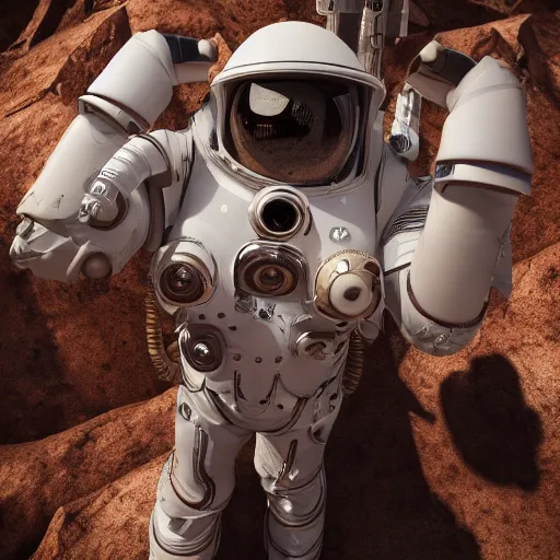 Image similar to portrait photography of a white steampunk space engineer suit, in an desert alien planet, ultra detail, beautiful light, high detail, 8 k, f / 2. 8, octane render