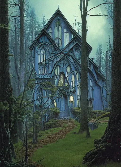 Image similar to hyper realistic witchy modern gothic house with mood lighting and tech in the woods gorgeous lighting, sunbeams blue sky, highly detailed, lush forest foliage painting by zdzisław beksinski and norman rockwell and greg rutkowski weta studio, and lucasfilm