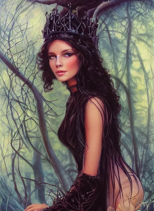 Image similar to portrait sylph princess, black iron crown, diamond shimmering dress, strong line, deep color, forest, beautiful! coherent! by boris vallejo, by brom