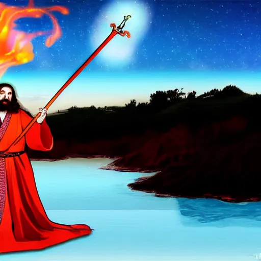 Image similar to jesus in a kimono swinging his sword and making a fire wave on the hill, artistic, hyper realistic, full hd, good lights