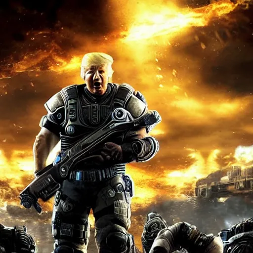 Image similar to Donald Trump in Gears of War, splash art, movie still, cinematic lighting, dramatic, octane render, long lens, shallow depth of field, bokeh, anamorphic lens flare, 8k, hyper detailed, 35mm film grain