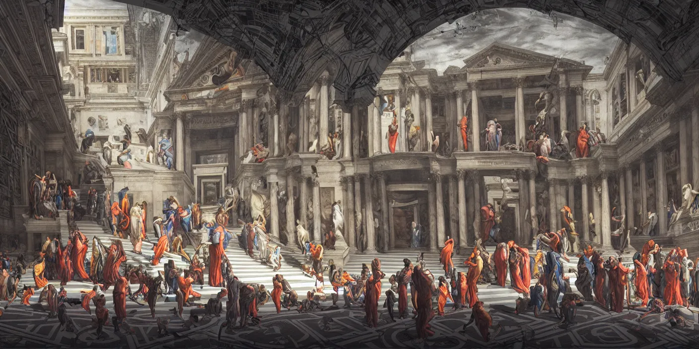 Image similar to the school of athens cyberpunk, hyper detailed, neon, concept art, award winning concept art