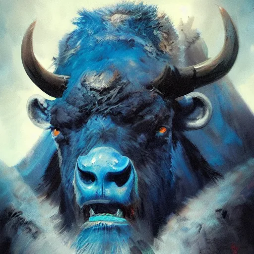 Image similar to angry blue bison portrait by greg rutkowski and frank frazetta, dark fantasy, blue, artstation